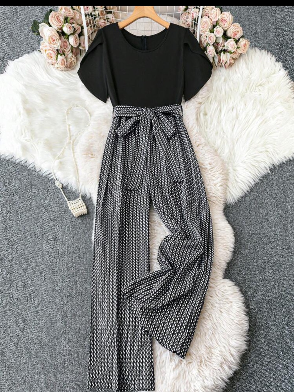 SHEIN Black Top Black & White Printed Wide-Leg Jumpsuit with Tie Waist